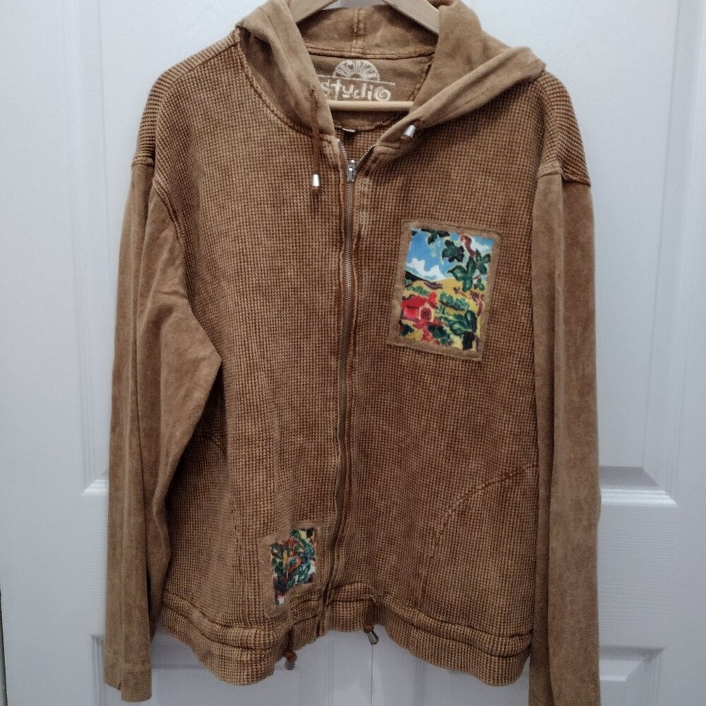 Produce Studio XL Waffle Knit Zip Jacket Boho Patchwork 100% Cotton
